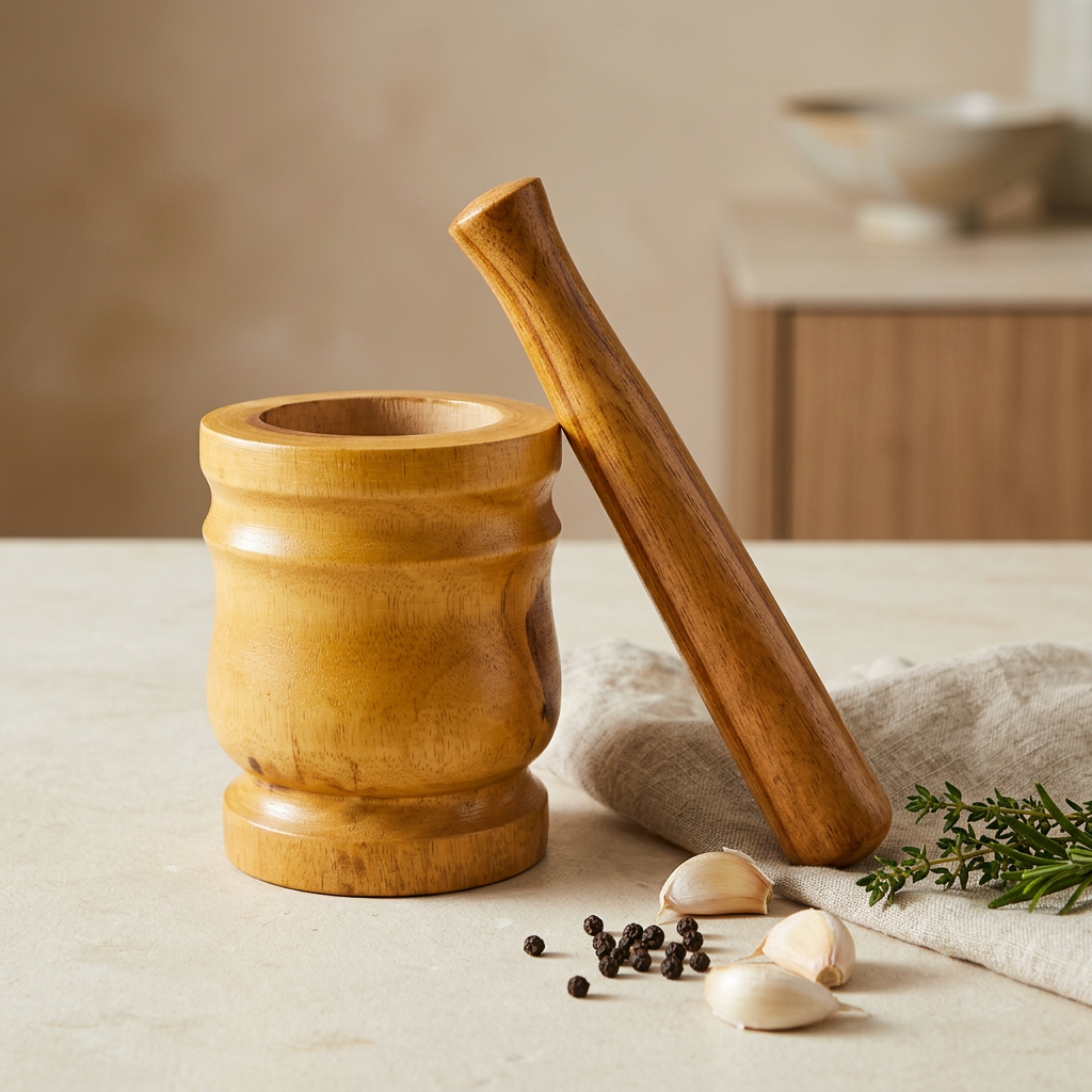 A wooden mortar and pestle set on a light stone surface, with garlic cloves, black peppercorns, and a sprig of fresh herbs arranged around it. The background is softly blurred, showing a warm indoor setting.