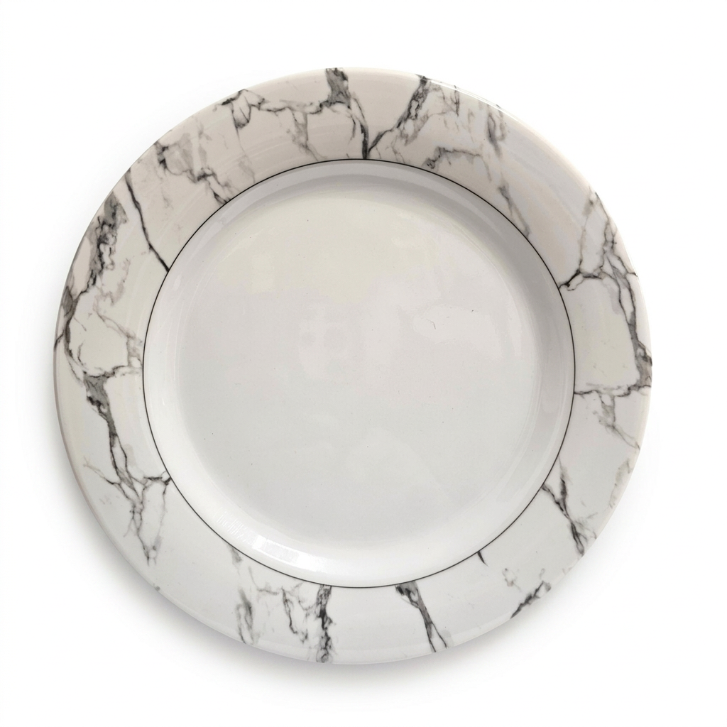 Marble-effect dinner plate, clean studio product image