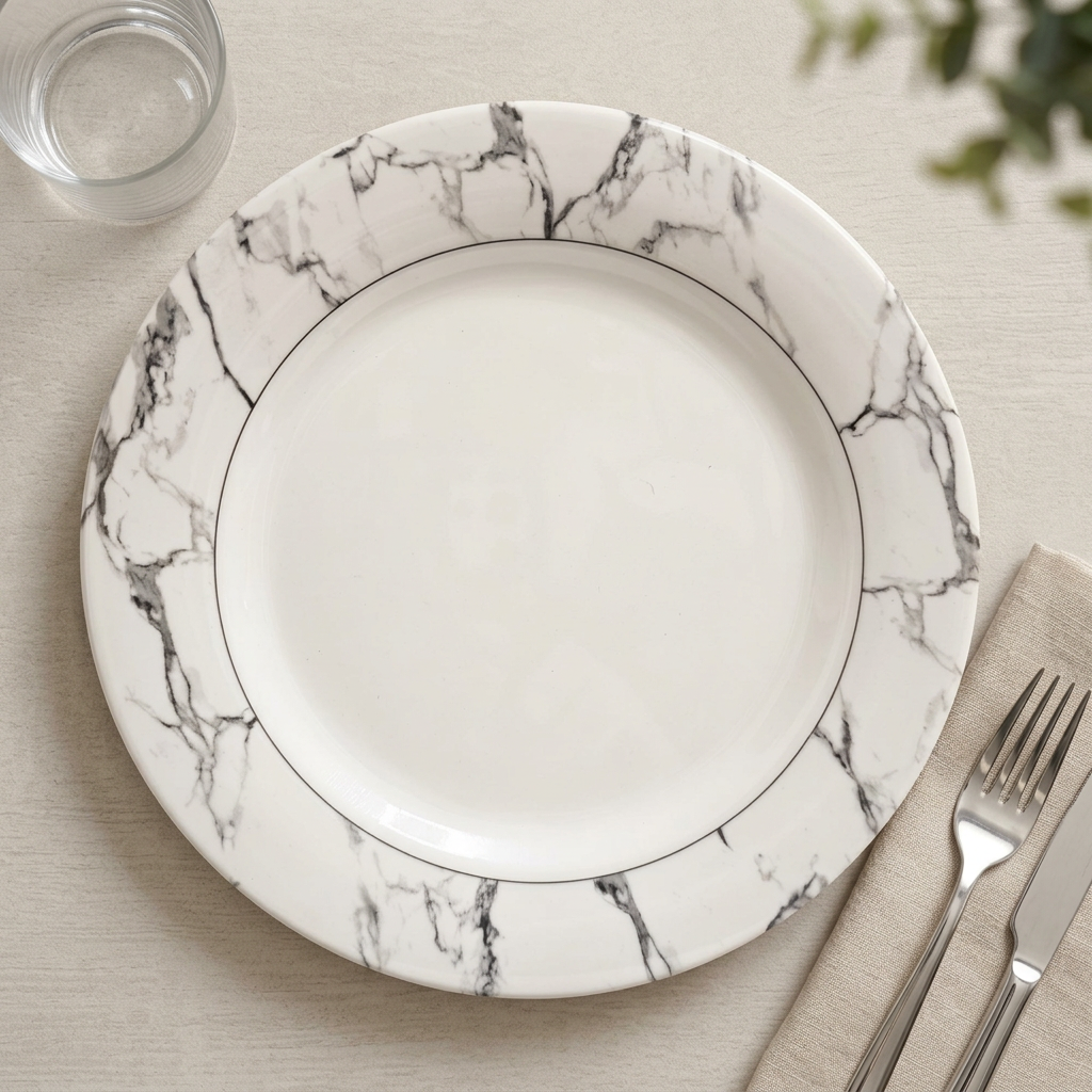Marble-effect dinner plate in a professional dining-table lifestyle scene