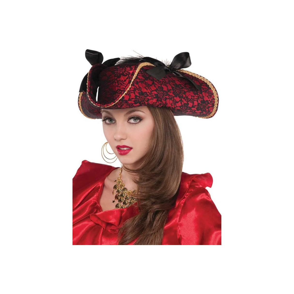 Adult Ladies Lace Pirate Hat - Elegant Tricorn Hat with Feather & Gold Trim
