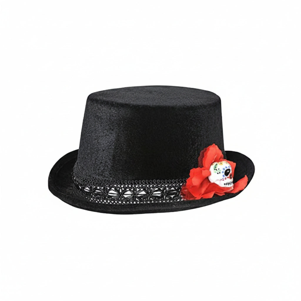 Day of the Dead black velour hat with rose and sugar skull
