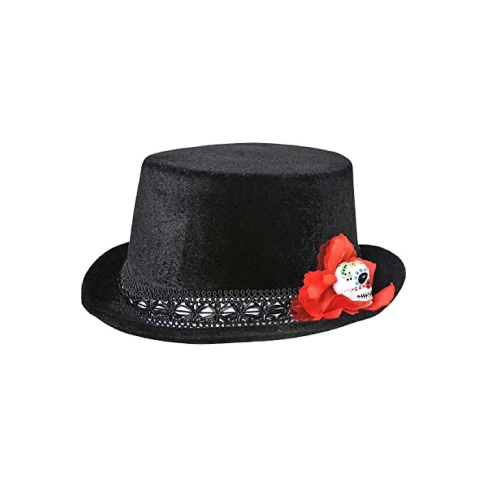 Day of the Dead black velour hat with rose and sugar skull