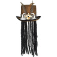 Brown velour Halloween Witch Doctor hat with faux dreadlocks, feathers, horn, gem, and metallic snakeskin band