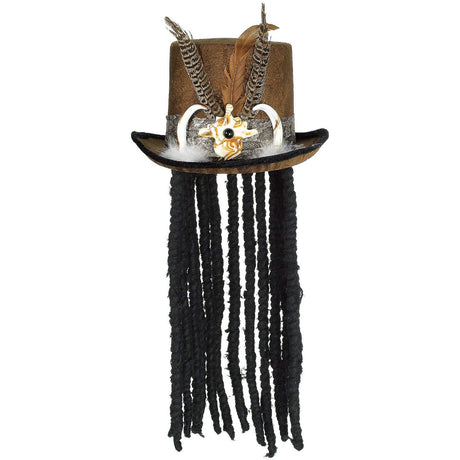 Brown velour Halloween Witch Doctor hat with faux dreadlocks, feathers, horn, gem, and metallic snakeskin band