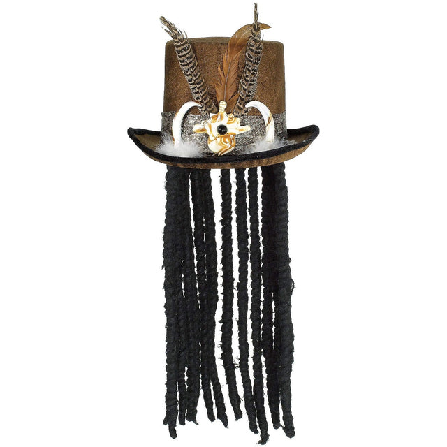 Brown velour Halloween Witch Doctor hat with faux dreadlocks, feathers, horn, gem, and metallic snakeskin band