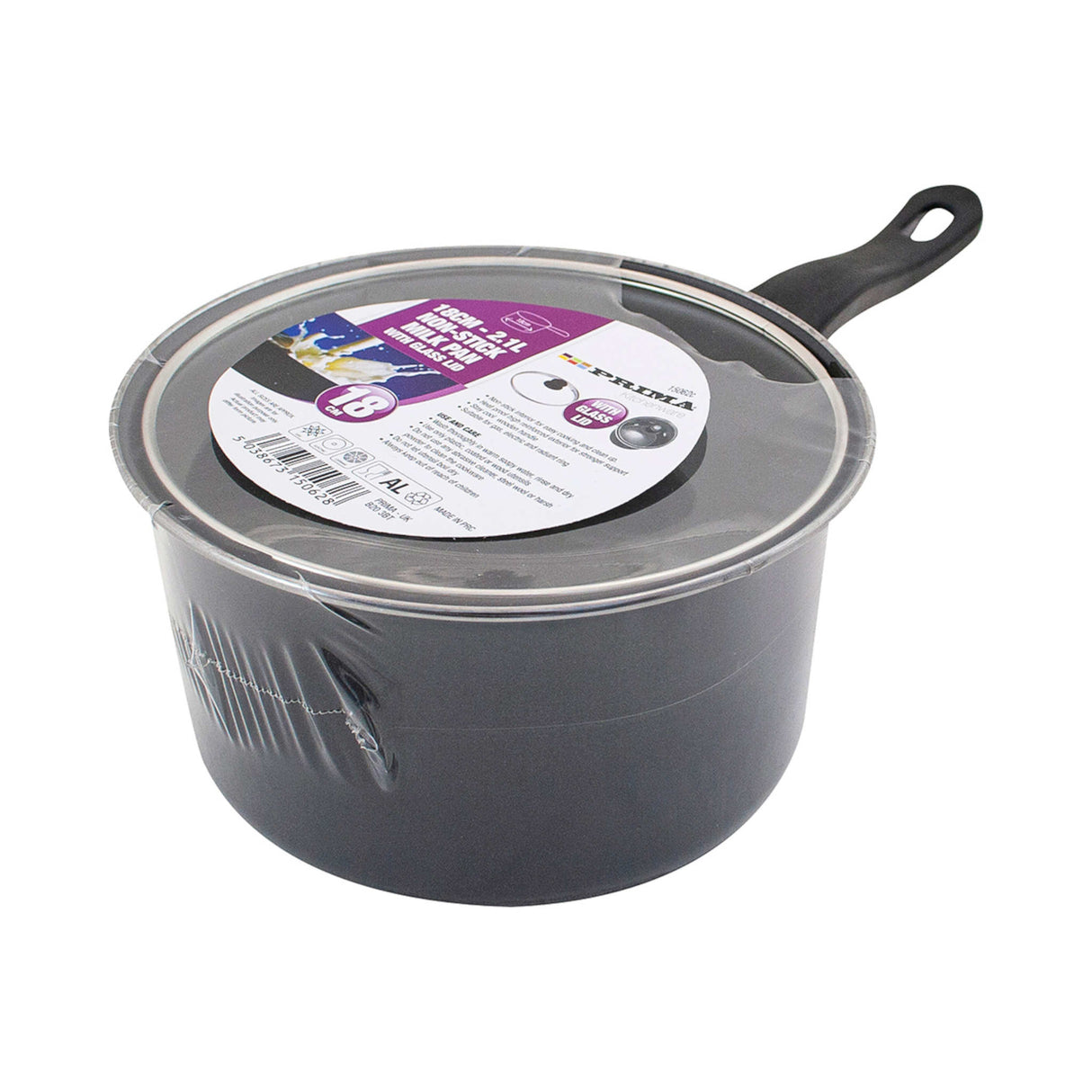 18Cm Milk Pan - Glass Lid Black Handle