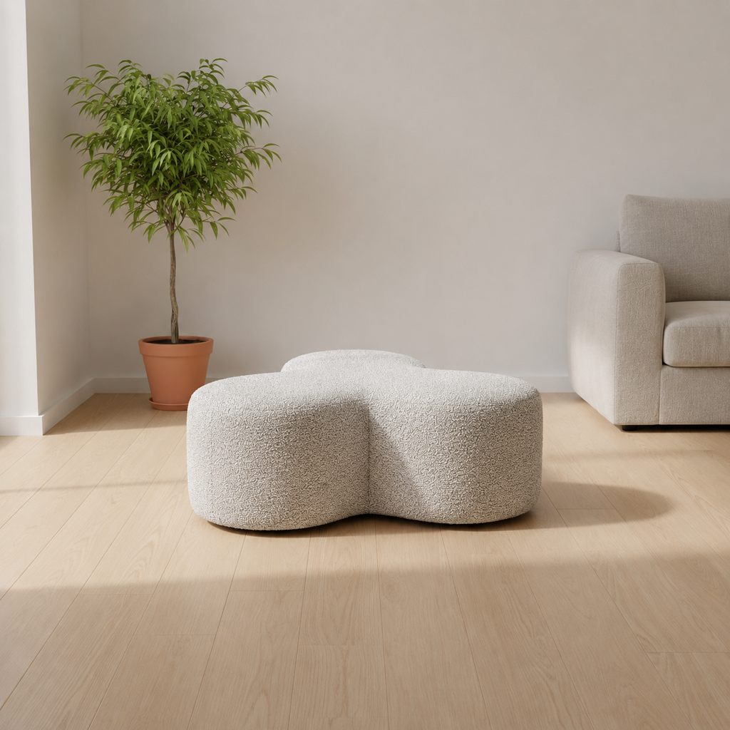 Rounded Cloud Footstool Soft White Boucle Fabric Low Profile Accent Ottoman