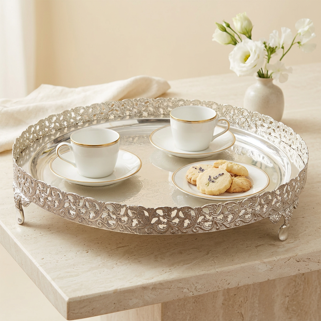 An ornate round silver tray with a floral cutout border and small feet, styled on a light stone table. The tray holds two white teacups with gold trim and saucers, a small plate of cookies, and a vase of white flowers in the background.
