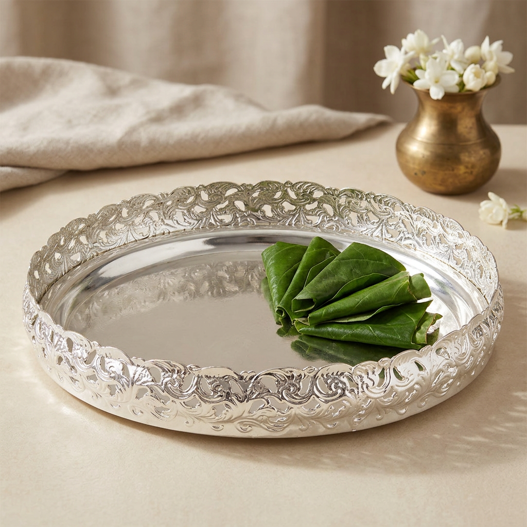 An oval silver serving tray with an ornate embossed floral border, styled on a beige surface with folded green leaves inside and a small brass vase of white flowers in the background.