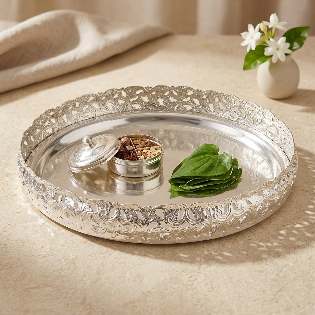 An oval silver serving tray with an ornate embossed floral border, styled on a beige textured surface. The tray contains a small silver spice container and a green leafy herb, with a folded cream cloth and a small vase of white flowers in the softly blurred background.