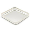 A square silver tray with a decorative, textured beaded border and a smooth reflective center, shown on a plain white background.