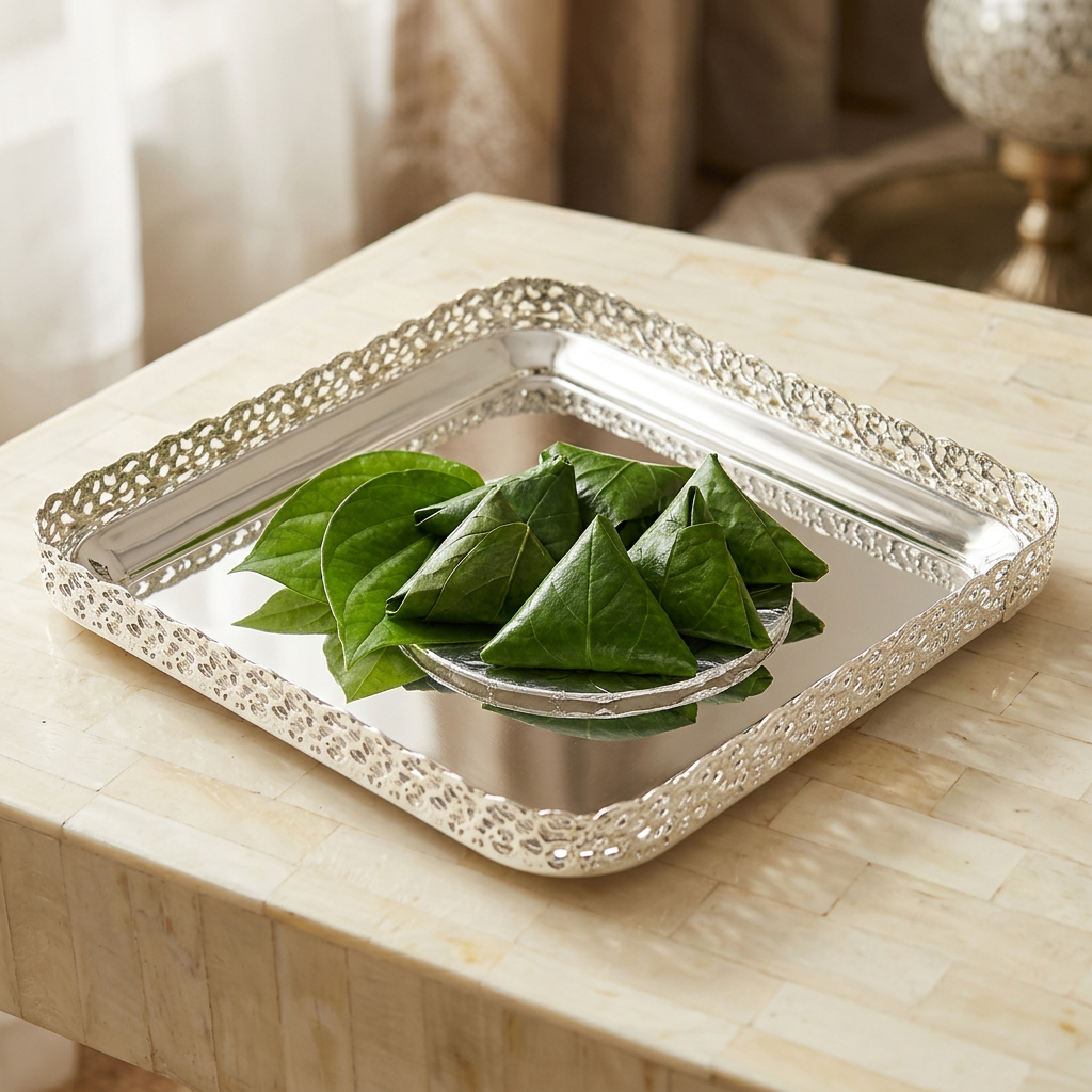 A square silver serving tray with an ornate cutout border, holding a small glass dish of green leaf-wrapped food, set on a light wood table in a softly lit interior.