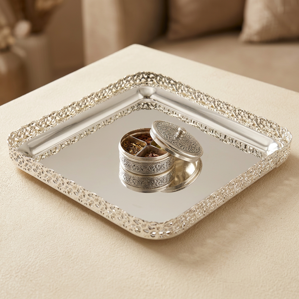 A square silver tray with a mirrored center and ornate beaded edges, holding an open round silver keepsake box with engraved detailing.