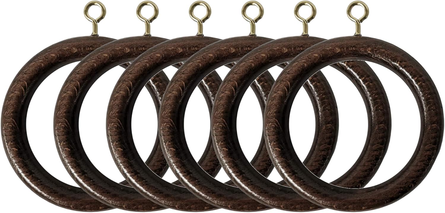 Wooden Curtain Pole Rings Pack of 6 Walnut Effect to fits 35mm Curtain pole