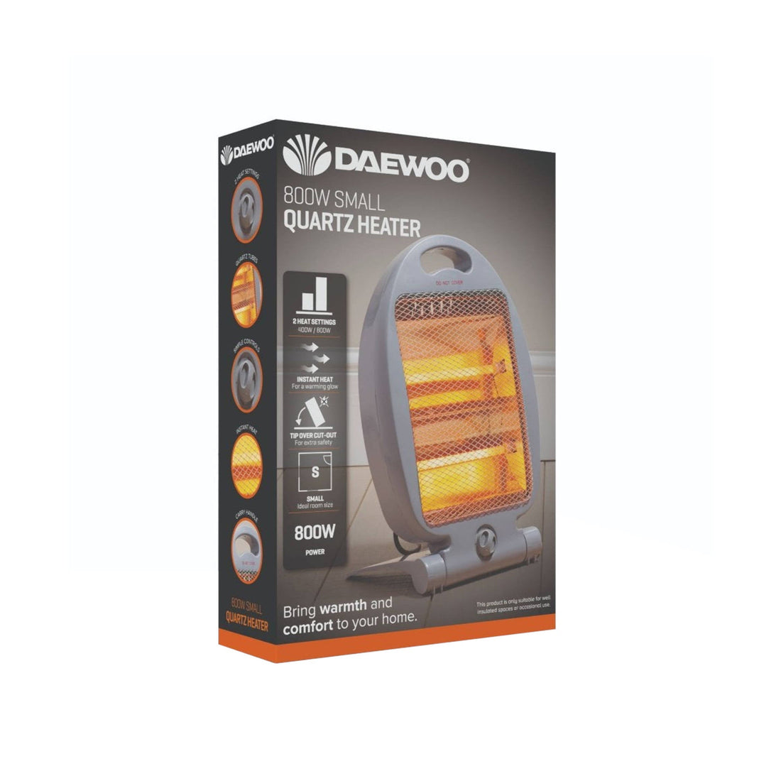 Daewoo 800W Portable Quartz Heater | 2 Heat Settings | Grey