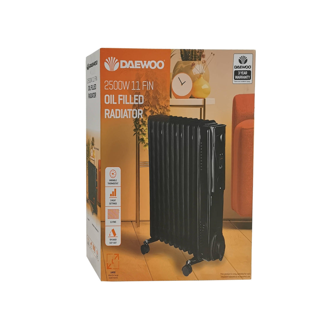 Daewoo 2500W 11 Fin Oil Filled Radiator | 3 Heat Settings | Black