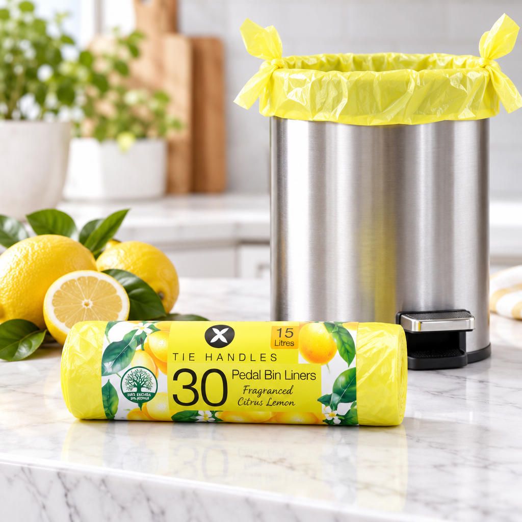 Tidyz Citrus Lemon Scented Pedal Bin Liners 15L with Tie Handles 30 Bags