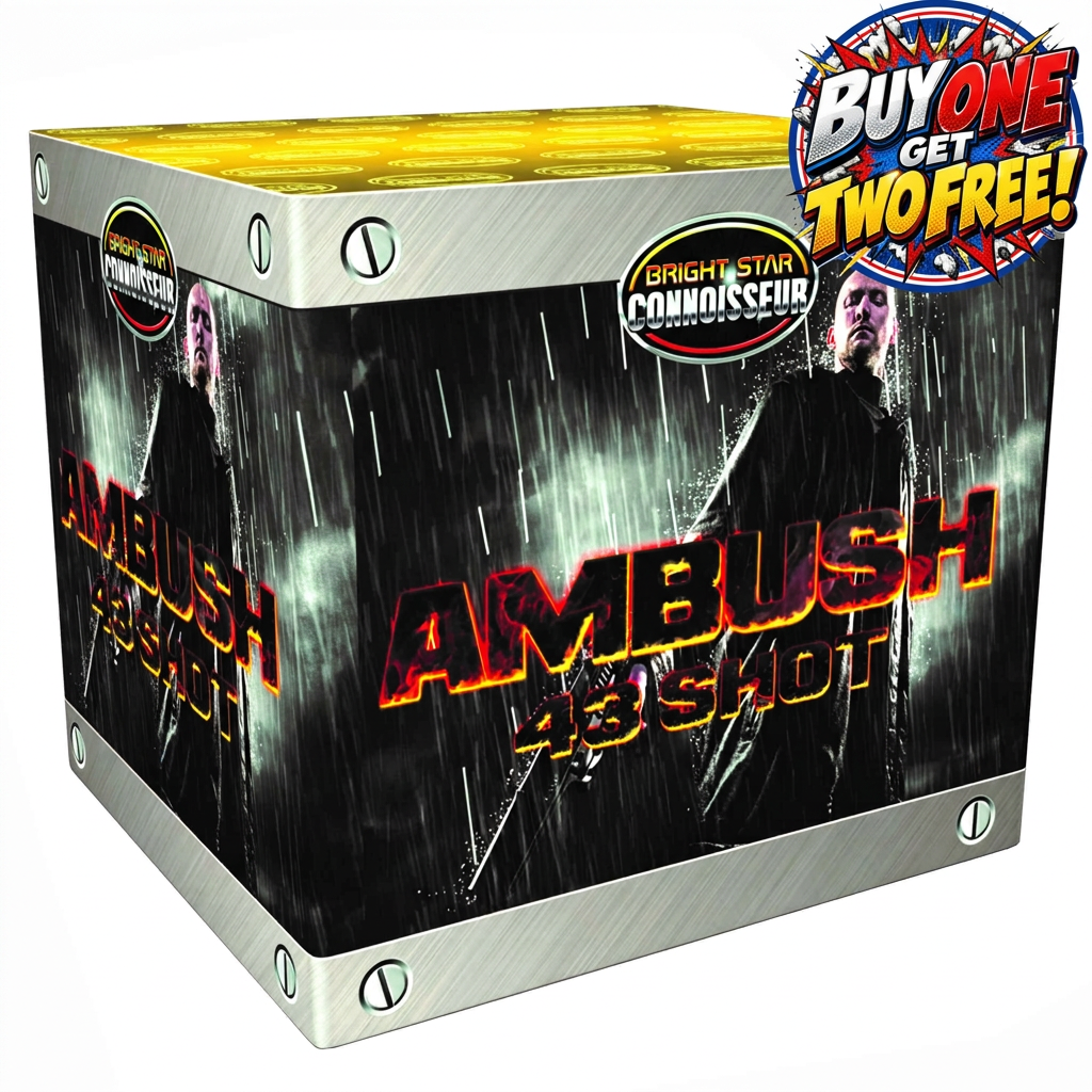 Bright Star Connoisseur Ambush 43 SMT special order packaging box featuring a dark rain-themed graphic with a soldier and bold red and yellow text, shown on a white background with a 'Buy One Get Two Free!' promotional sticker overlay.