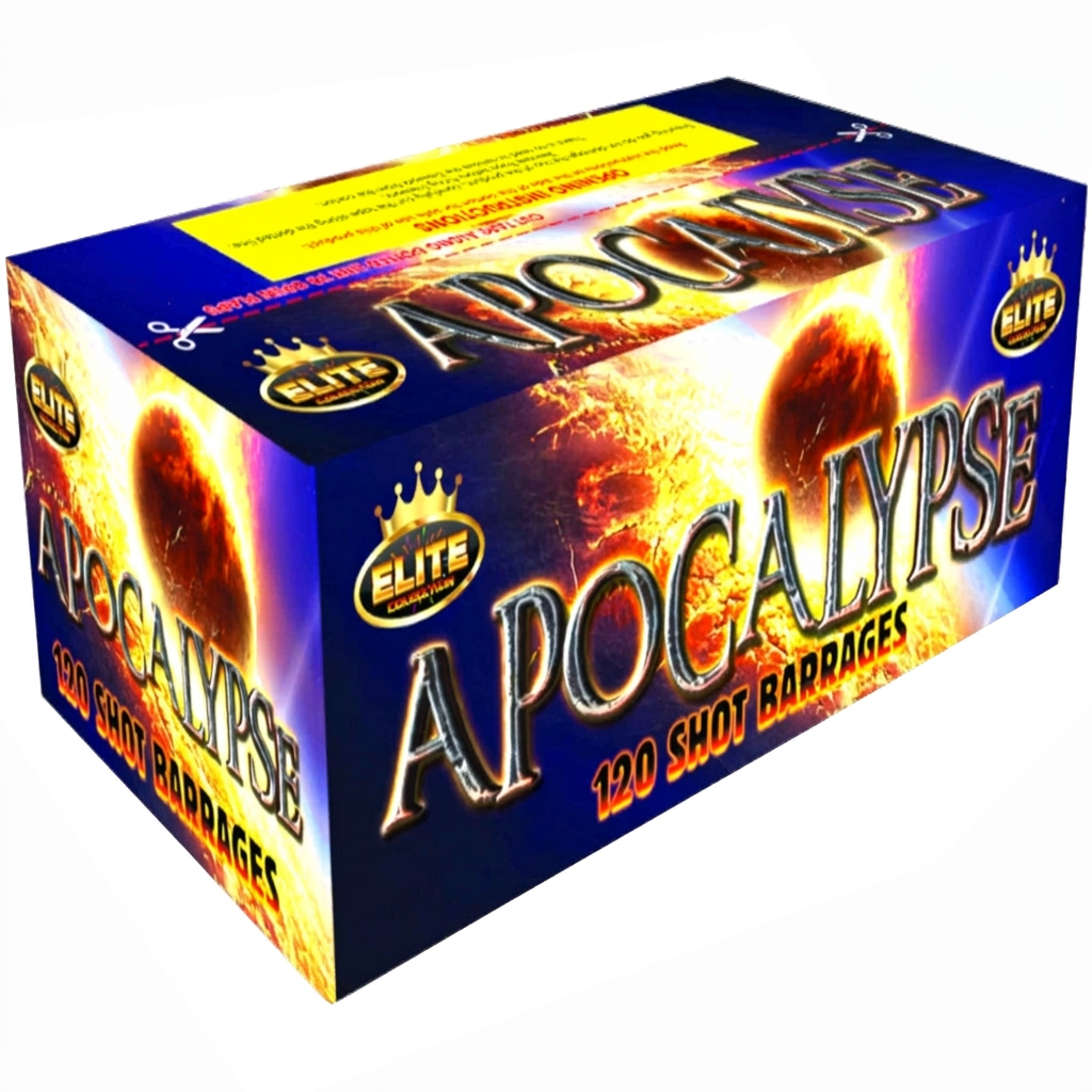 Elite Brand Apocalypse 120 Shot Barages fireworks box, featuring a dramatic fiery orange and yellow explosion design on a dark blue background.