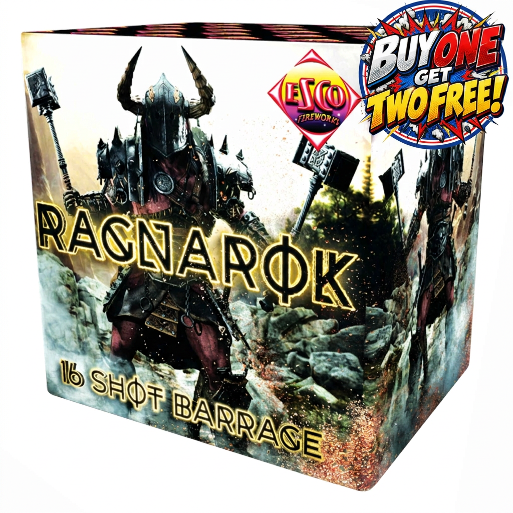 Box art for the board game Ragnarök 16 Shot Barrage, featuring a heavily armored warrior holding a mace. A promotional 'Buy One Get Two Free!' badge is visible in the top right corner.