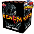 A black rectangular box for a 'Venom 21 Shot Barrage' fireworks display, featuring a detailed black snake graphic with glowing yellow eyes and a red tongue wrapping around the fiery orange-yellow 'VENOM' text. The box has a 'Buy One Get Two Free!' promotional sticker on the top right and a 'Lotto Fireworks' logo on the top left.