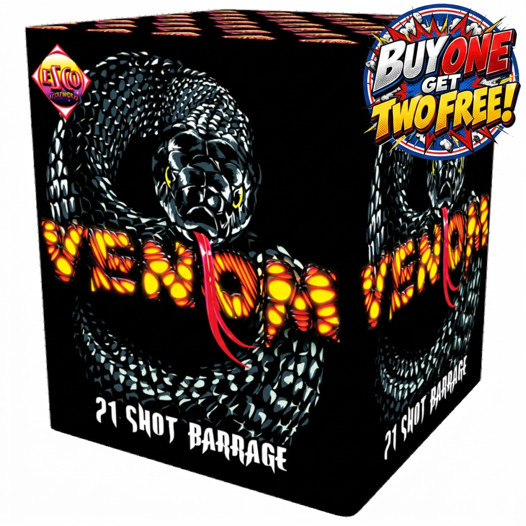 A black rectangular box for a 'Venom 21 Shot Barrage' fireworks display, featuring a detailed black snake graphic with glowing yellow eyes and a red tongue wrapping around the fiery orange-yellow 'VENOM' text. The box has a 'Buy One Get Two Free!' promotional sticker on the top right and a 'Lotto Fireworks' logo on the top left.