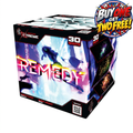 A box of Xtreme Fireworks 'Remedy' fireworks, featuring a black and white design with a colorful neon-style graphic of a dancer in the center. A promotional badge in the top right corner reads 'BUY ONE GET TWO FREE!'.