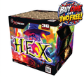 A box of Xtreme Firework Company Hex Firework, featuring a colorful graphic of a witch with a purple hat and the word 'HEX' in large stylized letters. A promotional badge in the top right corner reads 'BUY ONE GET TWO FREE!'.