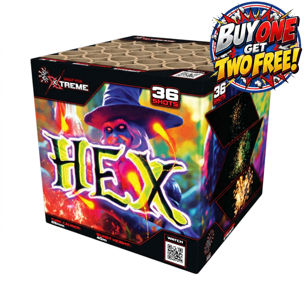 A box of Xtreme Firework Company Hex Firework, featuring a colorful graphic of a witch with a purple hat and the word 'HEX' in large stylized letters. A promotional badge in the top right corner reads 'BUY ONE GET TWO FREE!'.