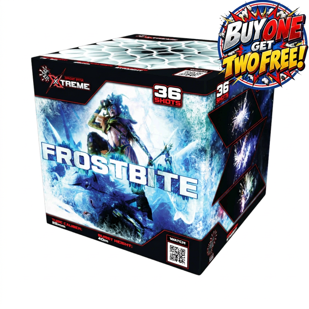A box of Xtreme Frostbite paint effects powder, featuring a dynamic blue and white icy graphic on the front with a character in a mask. A promotional badge in the top right corner reads 'BUY ONE GET TWO FREE!'.