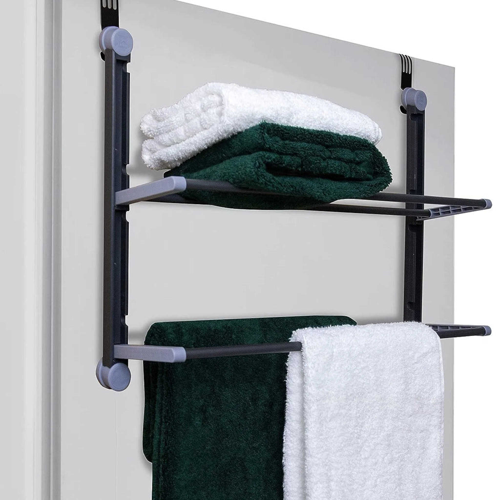 2 Tier Over The Door Bathroom Towel Organiser Grey with Shelf and Hanging Rails