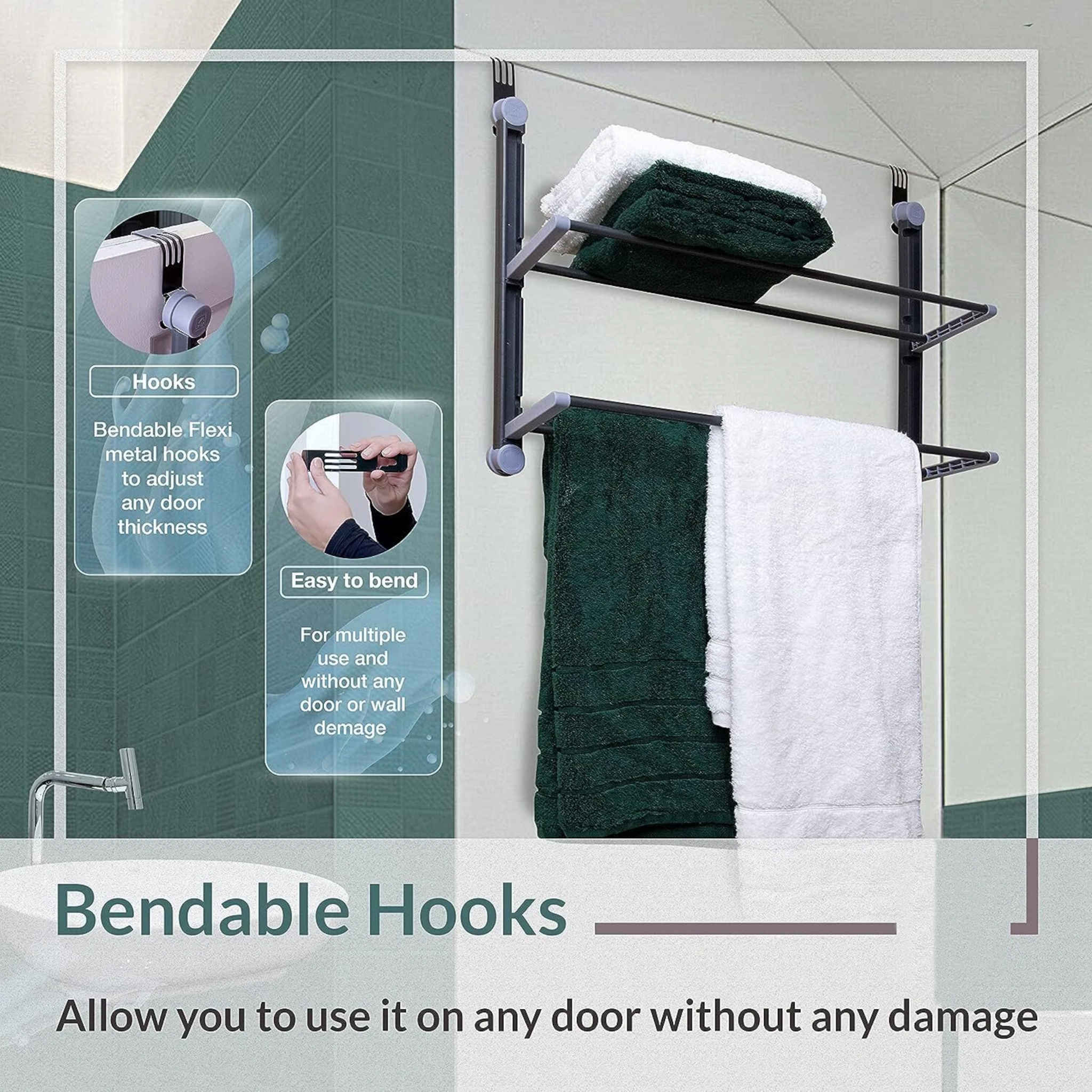 2 Tier Over The Door Bathroom Towel Organiser Grey with Shelf and Hanging Rails