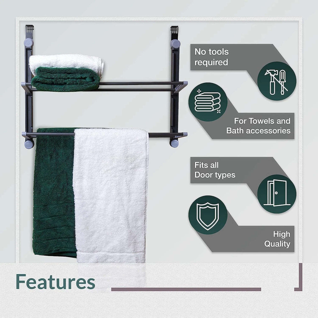 2 Tier Over The Door Bathroom Towel Organiser Grey with Shelf and Hanging Rails