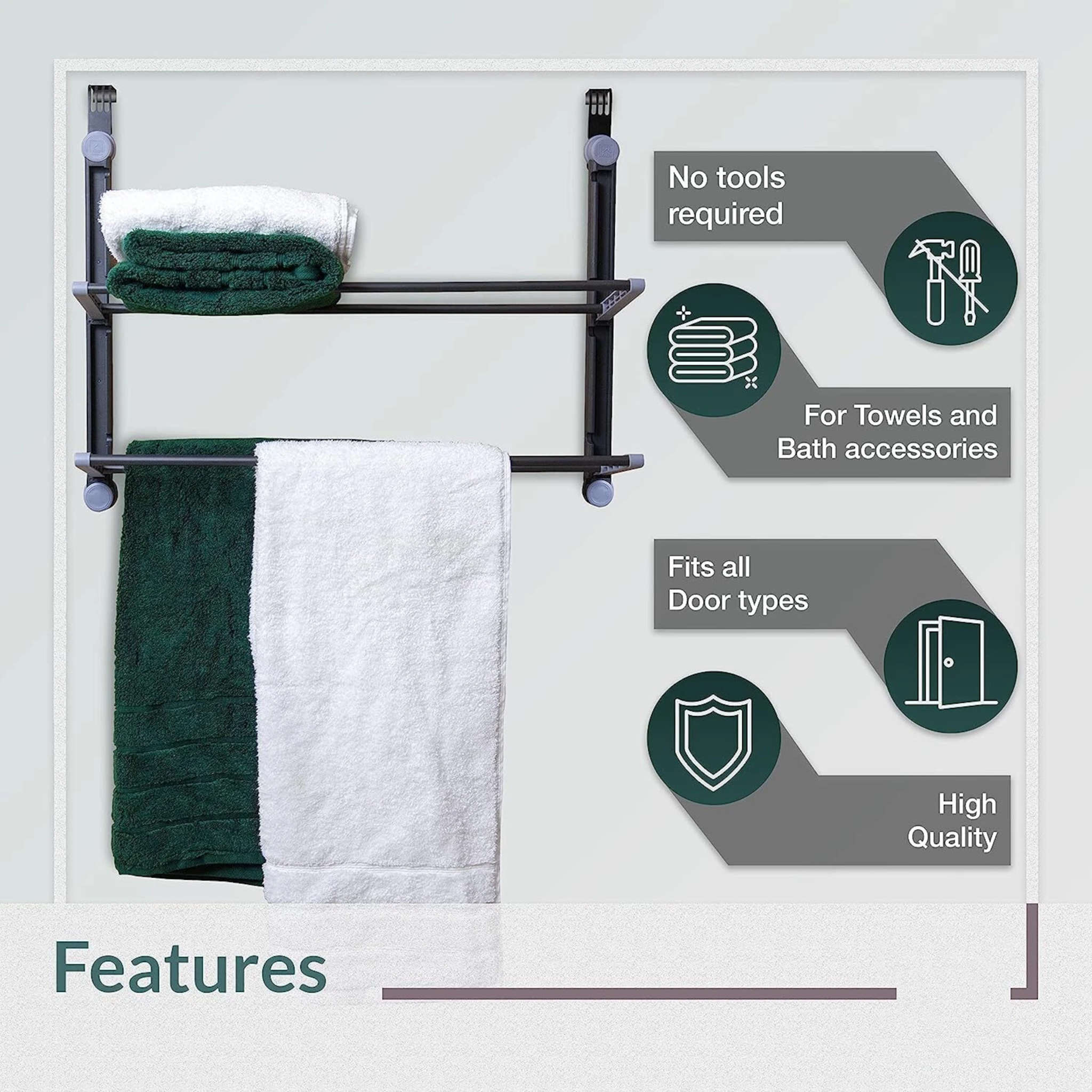 2 Tier Over The Door Bathroom Towel Organiser Grey with Shelf and Hanging Rails
