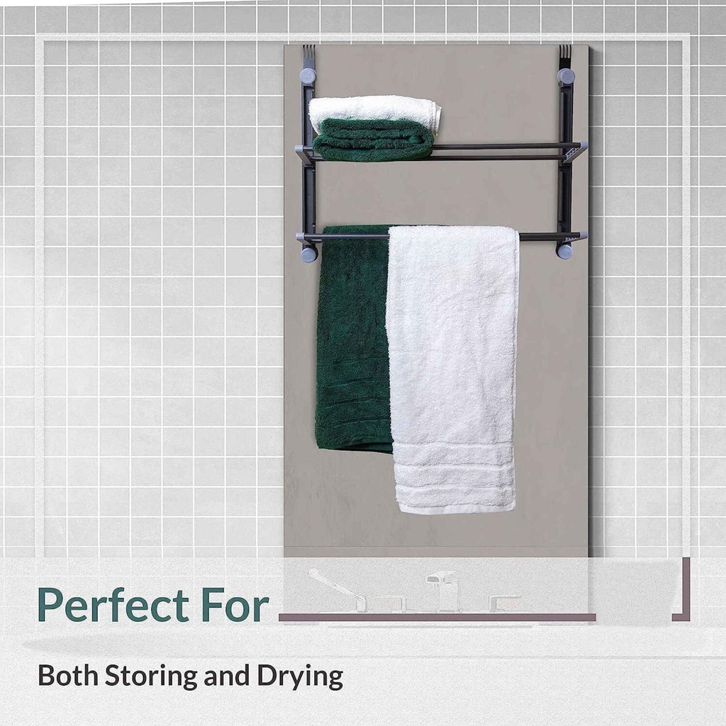 2 Tier Over The Door Bathroom Towel Organiser Grey with Shelf and Hanging Rails