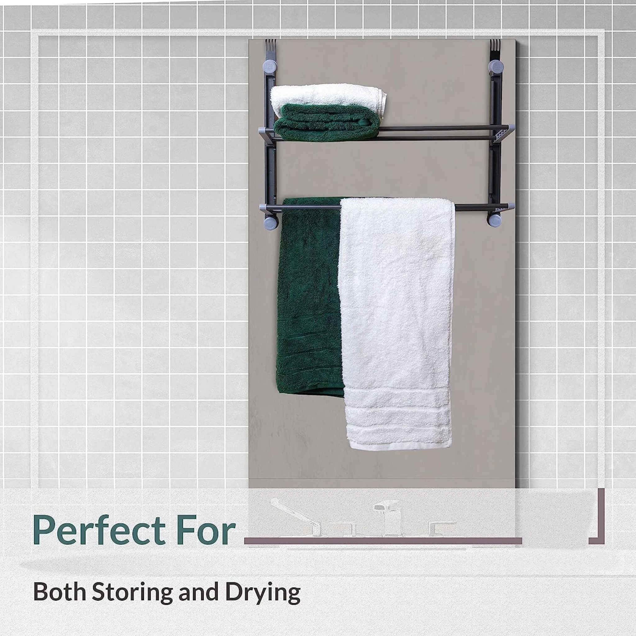 2 Tier Over The Door Bathroom Towel Organiser Grey with Shelf and Hanging Rails