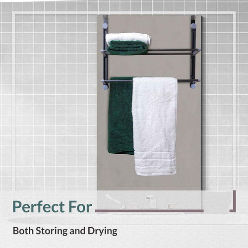2 Tier Over The Door Bathroom Towel Organiser Grey with Shelf and Hanging Rails