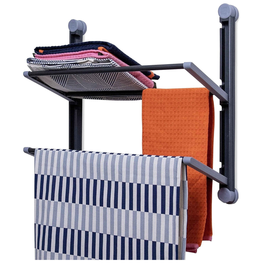2 Tier Wall-Mounted Kitchen Towel Organiser Grey with Shelf and Hanging Rails