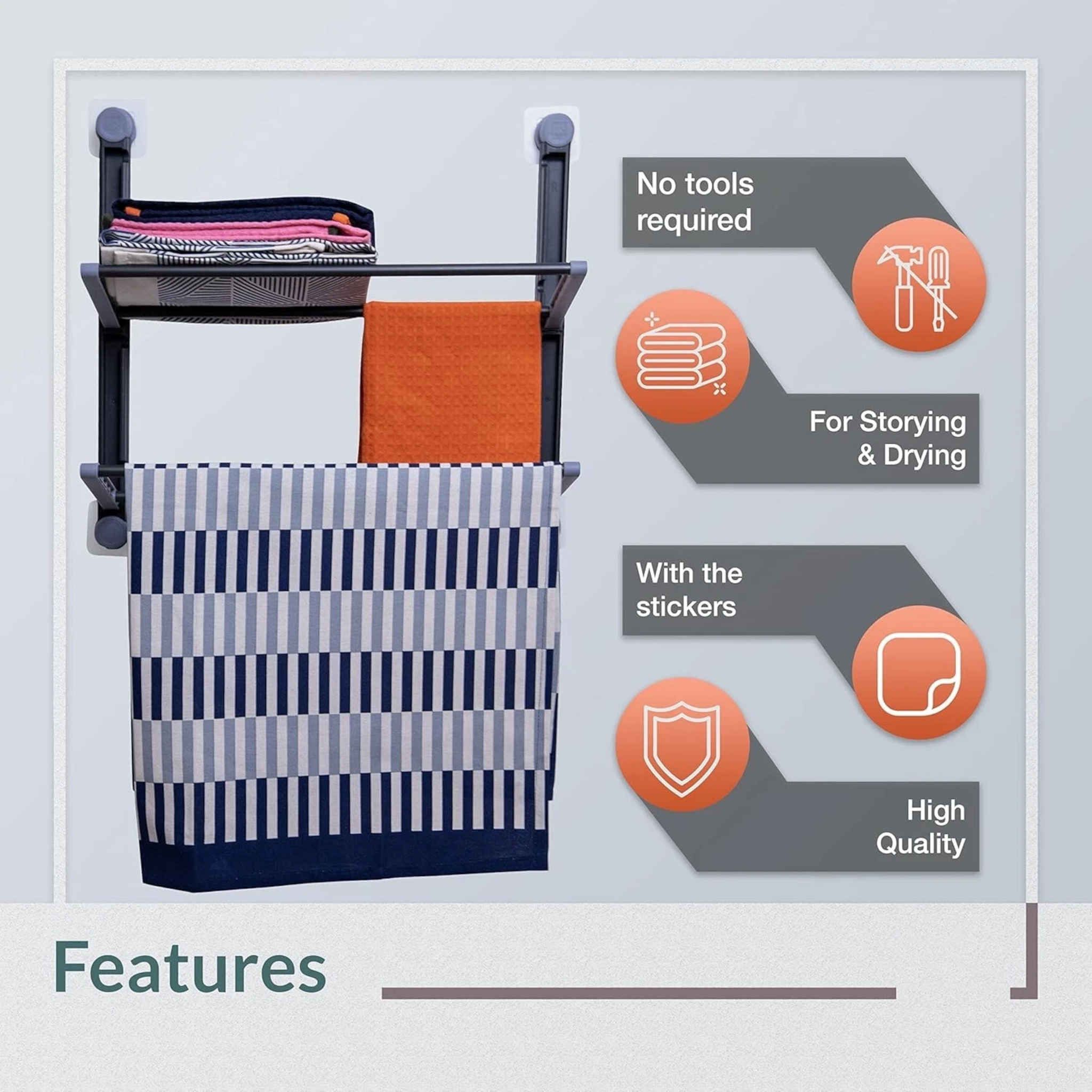 2 Tier Wall-Mounted Kitchen Towel Organiser Grey with Shelf and Hanging Rails