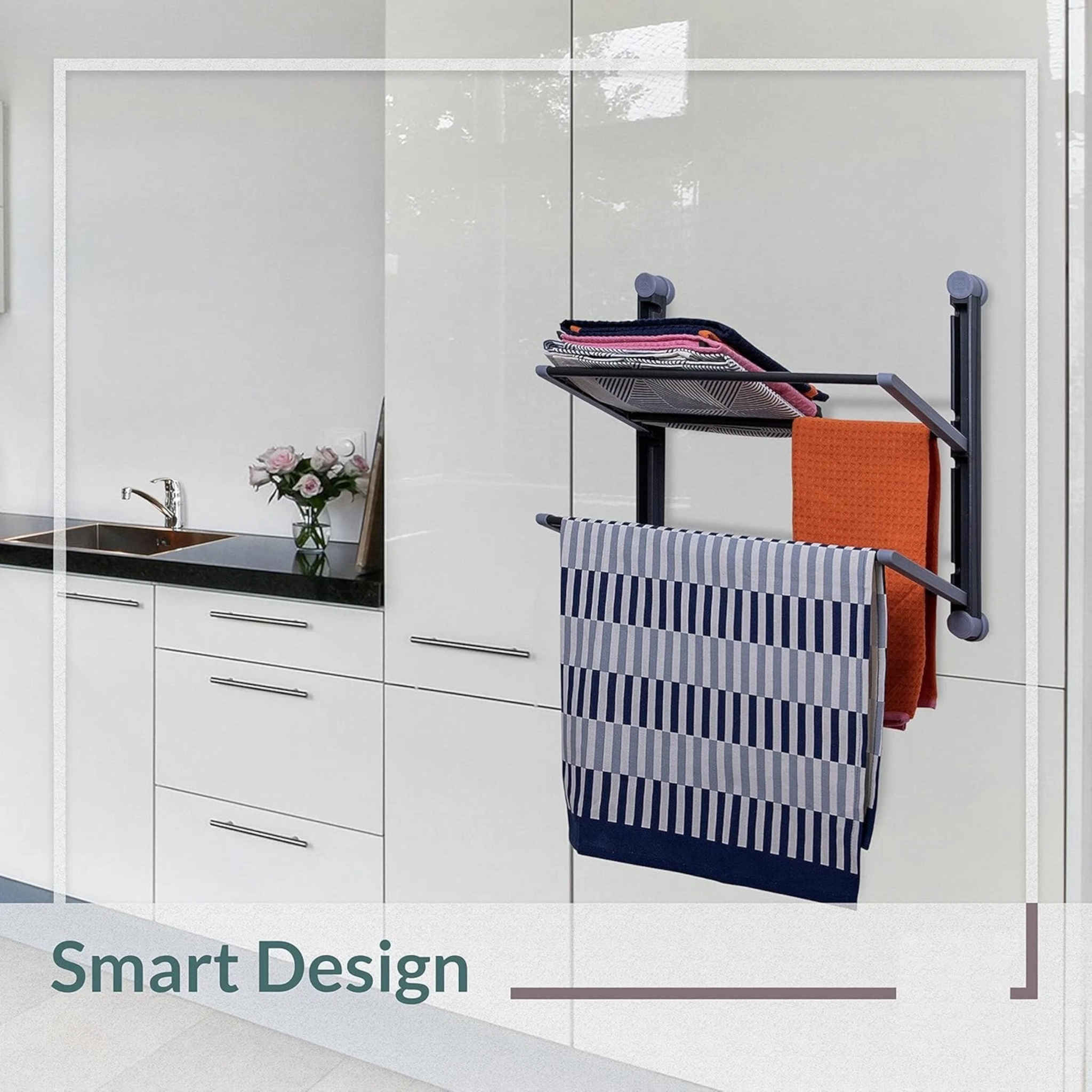 2 Tier Wall-Mounted Kitchen Towel Organiser Grey with Shelf and Hanging Rails