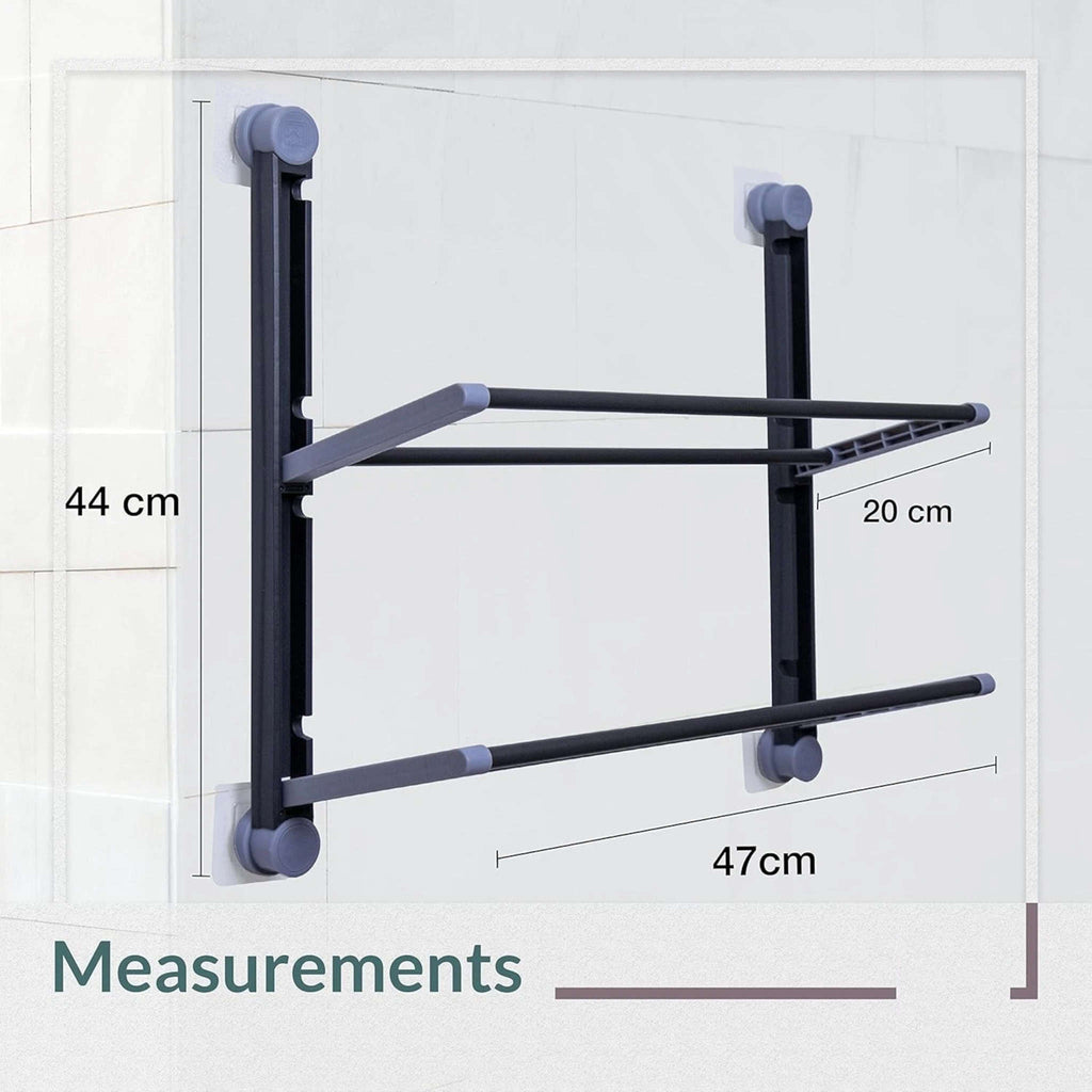 2 Tier Wall-Mounted Kitchen Towel Organiser Grey with Shelf and Hanging Rails