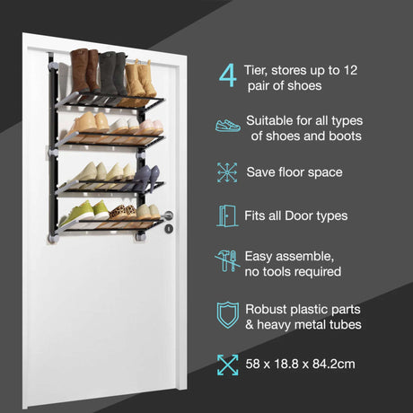 4 Tier Over The Door Shoe Organiser Grey