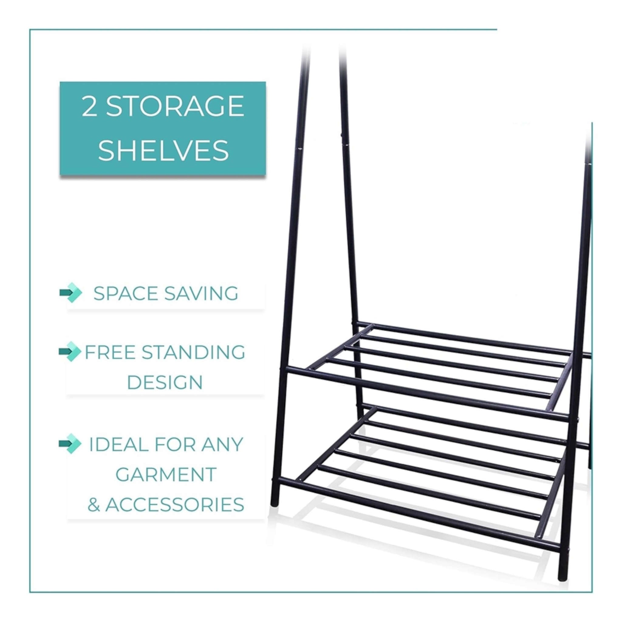 Heavy Duty Freestanding Garment Rack Black with Hanging Rail and 2 Tier Shelves