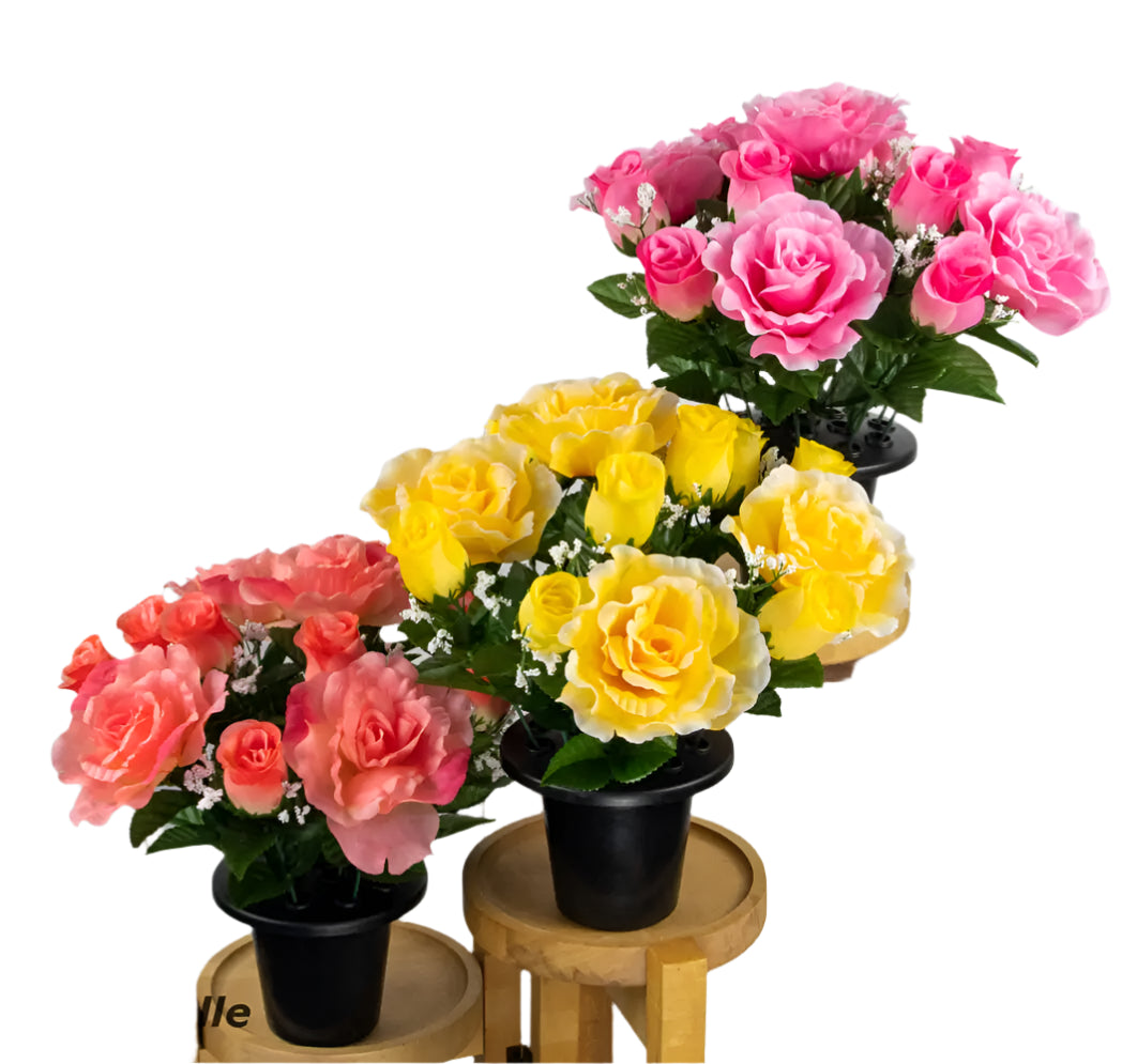 Rose/Rosebud with Gypsophila Grave pot (30cm, 16 Holes) - 3 Colours Assorted