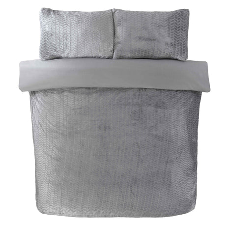 Chevron Faux Fur Duvet Set Double Silver Grey