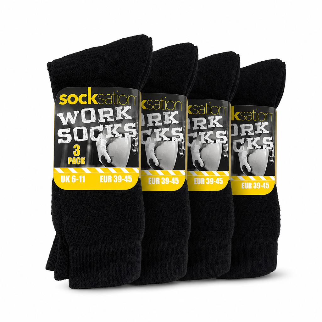 Sockstation Men’s Black Work Socks – 12 Pair | 4 x 3 Pack | UK 6-11 | Cotton Rich Work Socks