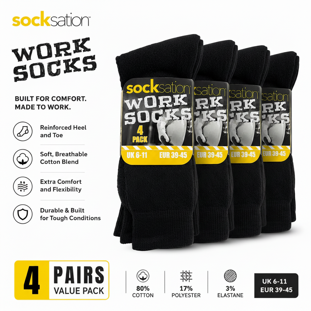 Sockstation Men’s Black Work Socks – 12 Pair Bundle | 4 x 3 Pack | UK 6-11 | Cotton Rich Work Socks