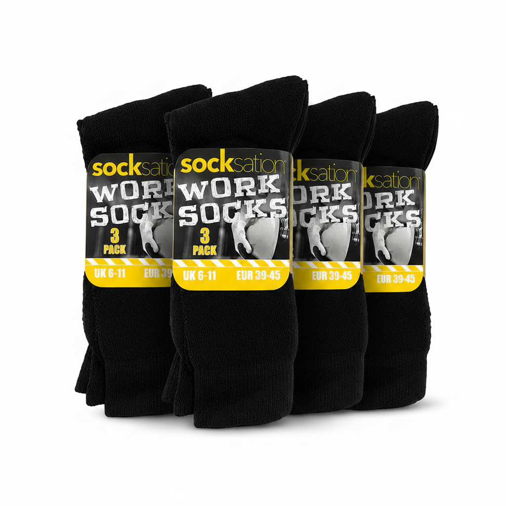 Socksation Men’s Black Work Socks – 12 Pair | 4 x 3 Pack | UK 6-11 | Cotton Rich Work Socks