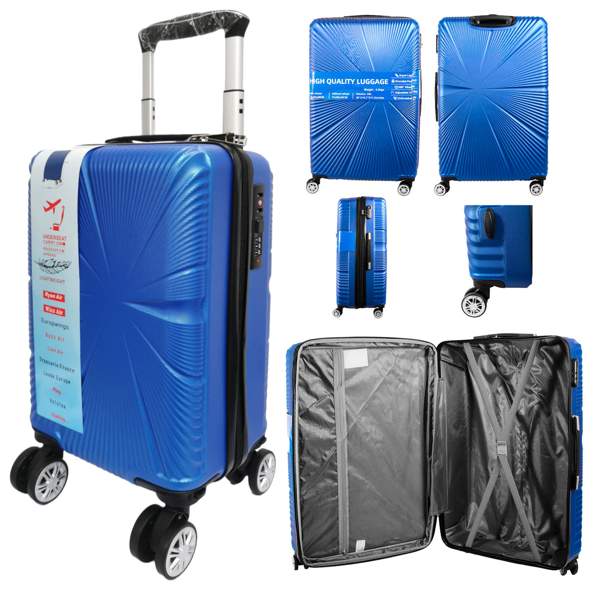 Compact Cabin Hardcase Suitcase 40x20x25cm – Ryanair & Wizz Air Approved with Detachable 360° Wheels & Lock Royal Blue