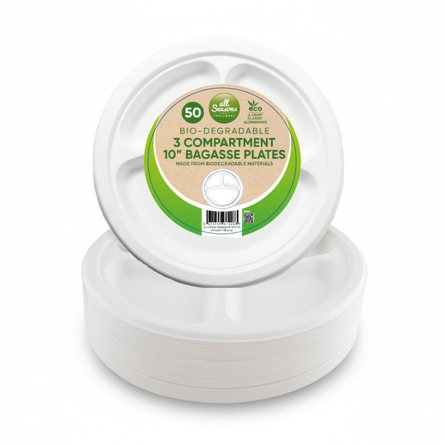 All Seasons 3 Compartment 10" Bagasse Plates (Bio-Degradable) 50 Pack